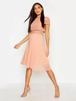 Boohoo Chiffon Lace Top Skater Dress - Blush, Pink, Size 14, Women