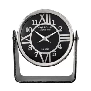 Colombo 19cm Black Leather Roman Numeral Rotary Desk Clock Nickel/Black