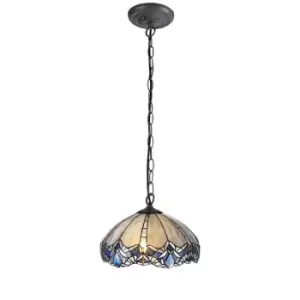 1 Light Downlight Ceiling Pendant E27 With 40cm Tiffany Shade, Blue, Clear Crystal, Aged Antique Brass - Luminosa Lighting