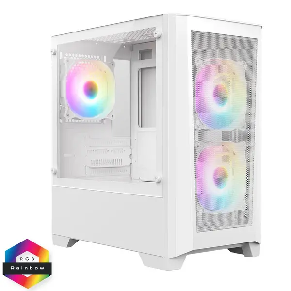 CiT Level 2 White Micro-ATX Mesh PC Gaming Case with 3 x 120mm RGB Rainbow Fans Included With Tempered Glass Side Panel