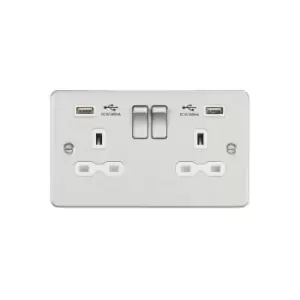 Knightsbridge - Flat plate 13A 2G switched socket with dual usb charger (2.4A) - brushed chrome with white insert