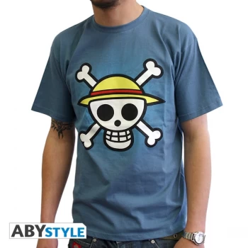 One Piece - Skull With Map Mens Small T-Shirt - Blue