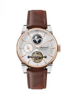 Ingersoll Ingersoll The Swing White And Rose Gold Detail Moonphase Automatic Dial Brown Leather Strap Watch