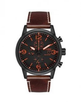 Citizen Eco-Drive Wr100 Black And Orange Detail Chronograph Dial Brown Leather Strap Mens Watch