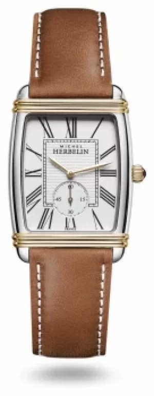 Michel Herbelin Womens Art Deco Brown Leather Strap Watch
