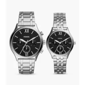 Fossil His And Her Fenmore Midsize Multifunction Stainless Steel Watch Gift Set - Silver