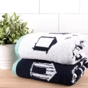Fusion Beach Huts 100% Cotton 550gsm Hand Towel, Navy, 2 Pack
