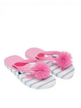Joules Girls Flamingo Pom Pom Flip Flops - White, Size 13 Younger