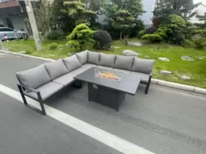 Aluminum Outdoor Garden Furniture Corner Sofa Gas Fire Pit Dining Table Sets Gas Heater Burner Dark Grey 7 Seater