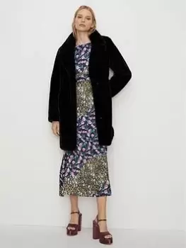 Oasis Faux Fur Collared Long Coat - Black, Size 12, Women