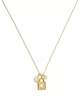 kate spade new york Lock And Spade Cubic Zirconia, Freshwater Pearl & Padlock Charm Mini Pendant Necklace in Gold Tone, 16-19