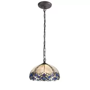 1 Light Downlight Ceiling Pendant E27 With 30cm Tiffany Shade, Blue, Clear Crystal, Aged Antique Brass - Luminosa Lighting