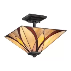2 Bulb Semi Flush Ceiling Light Tiffany Style Glass Valiant Bronze LED E27 100W