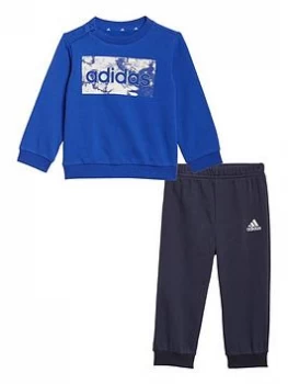 Adidas Infant Unisex Linear Logo Crew & Jog Pant Set, Blue/Navy, Size 3-4 Years