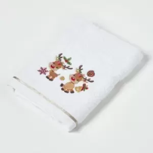 Reindeer Embroidered 100% Cotton Christmas Hand Towel - White & Gold - Homescapes