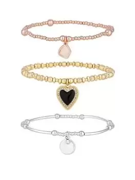 Mood Two Tone Beaded Meaningful Charm 3 Pack Stretch Bracelet - Gift Boxed, Silver, Women