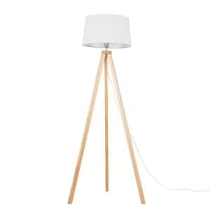 Barbro Light Wood Tripod Floor Lamp with White Doretta Shade