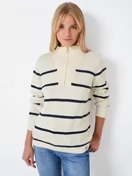 Crew Clothing Ama Half Zip Stripe Jumper - White, Size 14, Women