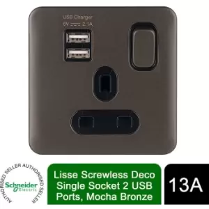 Schneider Electric - Lisse Screwless Single Socket 13A 2 usb Ports Mocha Bronze