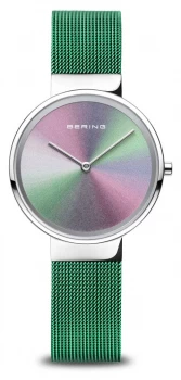 Bering Anniversary Womens Polished Silver Green Mesh Watch