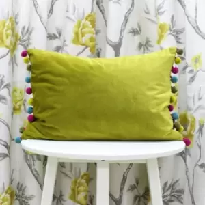 Riva Paoletti Fiesta Velvet Pom Pom Fringe Cushion Cover, Bamboo/Multi, 35 x 50 Cm