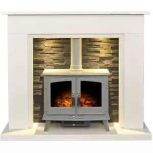 Miramar White Marble Stove Fireplace with Downlights & Woodhouse Electric Stove in Grey, 54" - Adam