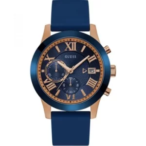 GUESS Gents rose gold watch with blue trim, dial and strap.