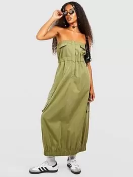 Boohoo Bandeau Utility Midaxi Dress - Khaki, Green, Size 14, Women