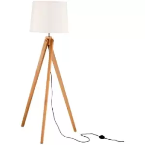 Killeen Tripod Floor Lamp Natural Wood Sand White Shade Black Fabric Wire LED E27 - Merano