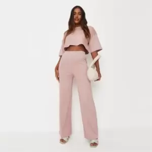 Missguided Boxy Crop Ribbed Wide Leg Set - Pink
