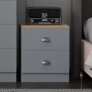 2 Drawer Bedside Cabinet Matt Grey Oak Bedroom Furniture Metal Cup Handles - Grey