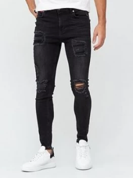 11 Degrees Essential Super Stretch Distressed Jeans Skinny Fit, Washed Black, Size XS, Men