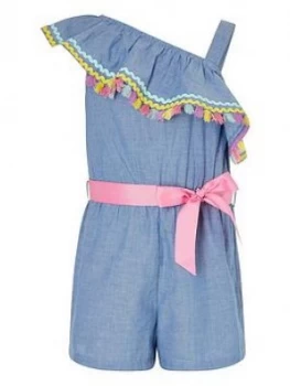 Monsoon Girls Chambray Ricrac One Shoulder Playsuit - Blue, Size 7-8 Years, Women