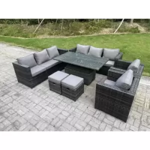 Fimous 10 Seater Wicker PE Garden Furniture Rattan Sofa Set Outdoor Adjustable Rising Lifting Dining Table Set with 2 Armchairs 2 Stools Dark Grey