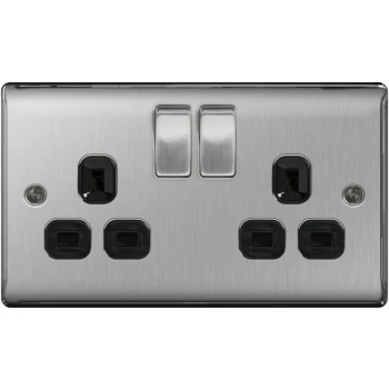 13a 2 Gang Switch Socket Brushed Steel With Black Inserts - NBS22B - BG
