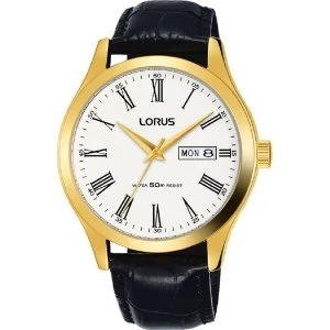 Lorus RXN54DX9 Mens Padded Black Leather Strap Gold Case Dress Watch