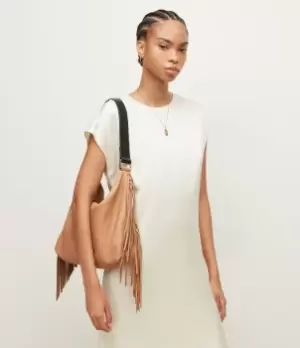 AllSaints Womens Edbury Fringe Leather Shoulder Bag, Palisade Tan
