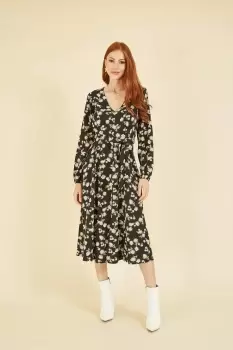 Black Daisy Print Midi Dress With Long Sleeves