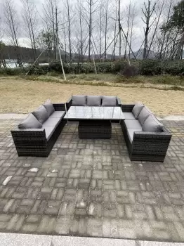 9 Seater Outdoor Garden Furniture Rattan Sofa Set Adjustable Rising Lifting Dining Table Dark Grey