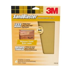 3M Sandblaster Fine 240 Grit Sandpaper - Pack of 3 Multi Surface Sheets