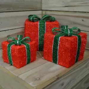 Set of 3 Indoor LED Gift Red Boxes / Green Bow with Warm White Lights 15-25cm