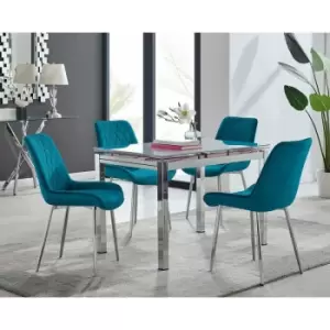 Enna White Glass Extending Dining Table and 4 Blue Pesaro Silver Leg Chairs - Blue