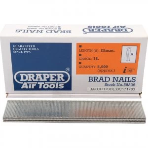 Draper 18 Gauge Brad Nails 25mm Pack of 5000