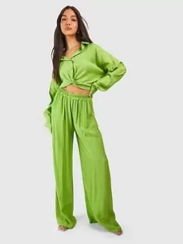 Boohoo Crinkle Relaxed Wide Leg Trousers - Chartreuse, Green, Size 10, Women