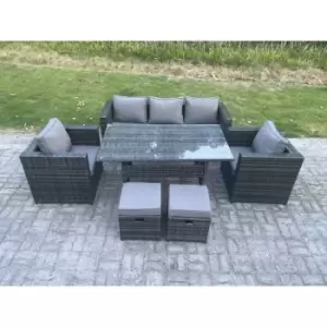 Fimous 7 Seater PE Wicker Rattan Garden Furniture Set Lounge Sofa Chair and Rectangular Dining Table Set 2 Small Footstools Dark Grey Mixed