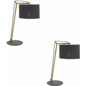 2 pack Brass Plated Angular Table Lamp - Black Base & Cotton Shade - Desk Light