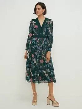 Oasis Chiffon Lace V-Neck Midi Dress - Green, Size 10, Women