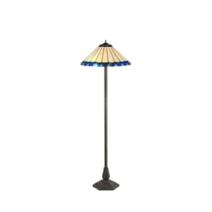 2 Light Octagonal Floor Lamp E27 With 40cm Tiffany Shade, Blue, Crystal, Aged Antique Brass