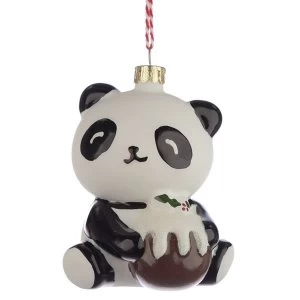 Panda with Christmas Pudding Glass Christmas Bauble Decoration