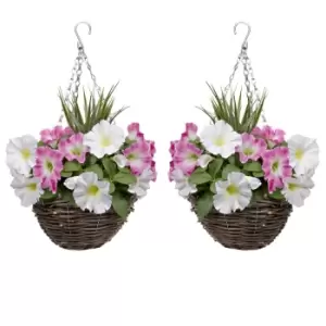 GreenBrokers Artificial Pink and White Petunias Round Rattan Hanging Plant Baskets 2 Pack - wilko